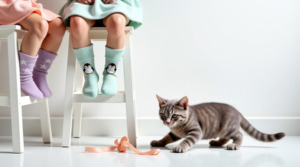 Kitten playing with gift ribbon near children’s legs on kitchen floor. Pet-friendly family home with white furniture and playful domestic cat.