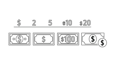 Money currency bills with dollar signs and numerical values isolated for financial concept vector