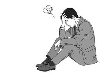 頭を抱えて座り込むサラリーマンのイラスト 全身横向き 横顔