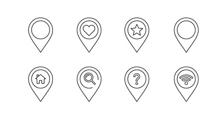 Set of outline map pointer icons featuring location symbols for navigation and search elements vector