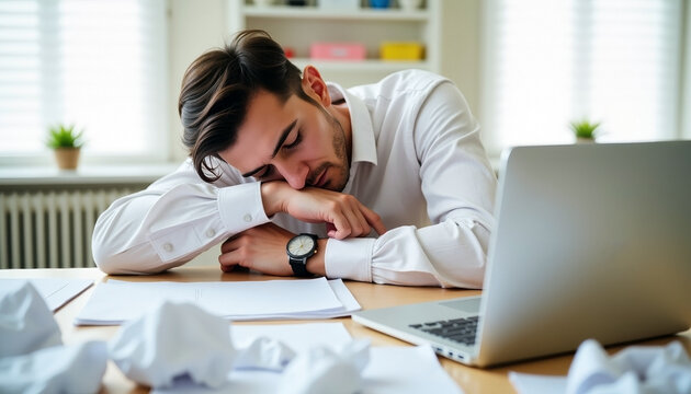 Tired businessman sleeping on desk surrounded by crumpled papers and laptop in office with copy space; workplace fatigue - Powered by Adobe