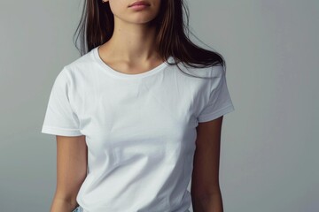 Fototapeta premium Studio shot of young latin woman wearing plain white t shirt, perfect for mockup design