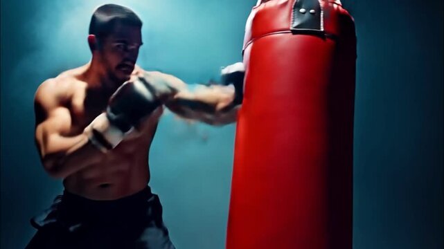 A muscular Caucasian man punches a red punching bag in a dimly lit gym. Smoke surrounds him, creating a dramatic atmosphere for boxing training.
