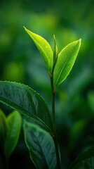 Obraz premium Fresh Tea Leaves with Dew Drops in Lush Green Background