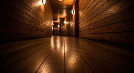 Long, wooden hallway bathed in warm light