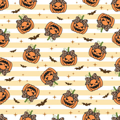 Pumpkin Devil with Bow Leopard seamless pattern