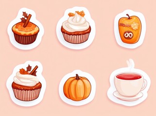 Set of cute autumn-themed dessert stickers with warm beverages