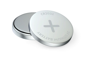 Two CR2032 lithium coin batteries on white background