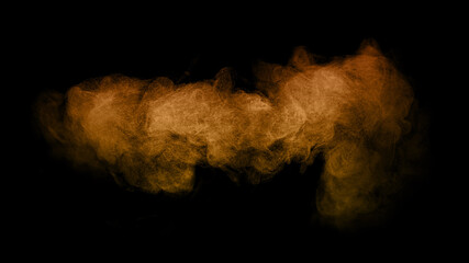 Orange dust cloud explosion isolated on black background. Abstract powder burst texture with vibrant glowing color for creative design, Halloween theme, smoke effect, or energy motion concept artwork.