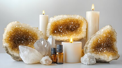 Amethyst crystals and candles, aromatherapy oils wellness and peaceful atmosphere concept