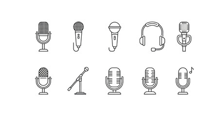 Collection of retro and modern microphones and headphones for audio recording and podcasting vector