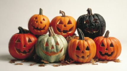 Mischievous glow: a haunted gathering of spooky halloween lanterns. Fantasy poster. Menacing glow: subtly varied spectral pumpkins in a mysterious setting. Movie cover. Action poster.