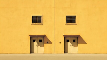 Obraz premium A symmetrical yellow building facade with double doors and windows.