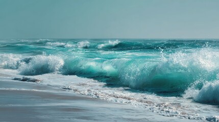 Fototapeta premium Turquoise Waves Crashing on a Serene Beach at Sunset