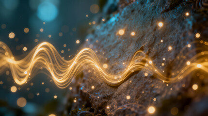 Golden light wave over a textured surface with sparks and bokeh — an abstract visualization of energy, motion and a magical atmosphere.