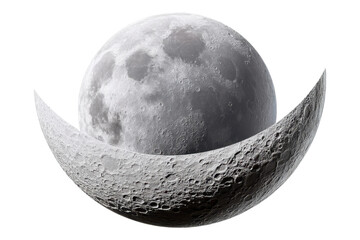 Crescent moon's partial illumination over lunar terrain a celestial exploration, isolated on transparent background, PNG