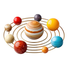 Colorful solar system model scaled planets and concentric orbital paths explored, isolated on transparent background, PNG