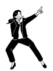 Hand drawn monochrome line art illustration of an office lady in a surreal pose