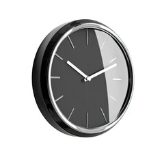 Sleek, minimalist black wall clock with a silver chrome bezel, showcasing simple hands and markings against a dark face, angled slightly to the right