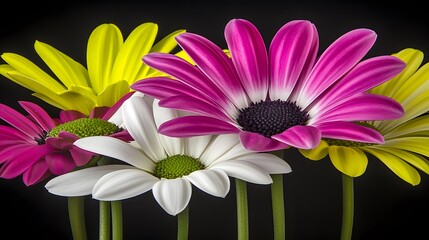 Floral diversity vivid colorful osteospermum daisy flowers on black background
