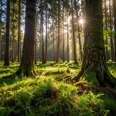 Fototapeta premium Sunlight streams through a lush forest, illuminating mossy trees and green grass