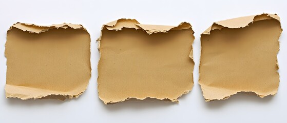 Fototapeta premium Three pieces of torn brown craft paper with rough edges on white background