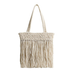 Cream crochet tote bag with fringe detail on transparent background