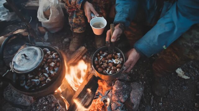 Friends share warm drinks and snacks while cooking over a campfire.