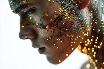 A person with a tech circuit pattern on their face, a futuristic concept