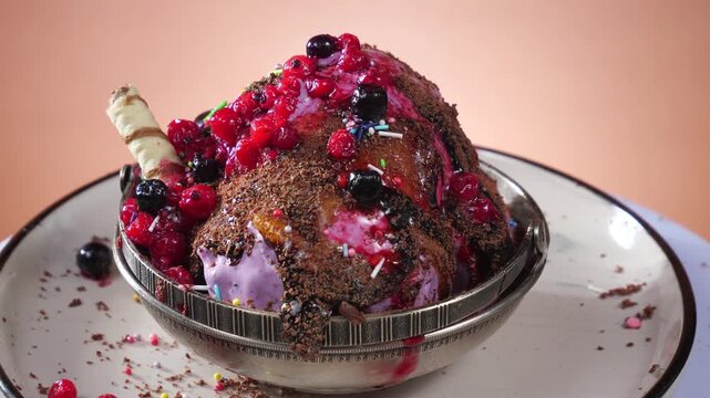 Scoops of chocolate ice cream are drizzled with chocolate fudge and slowly rotate against a vibrant colored background.