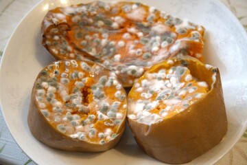 Moldy piece of pumpkin on white plate in natural condition. Concept of decay, time passing, and imperfection.