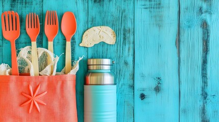 Eco friendly picnic setup on blue wooden background with beach bag