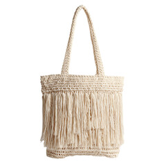 Cream crochet tote bag with fringe detail on transparent background