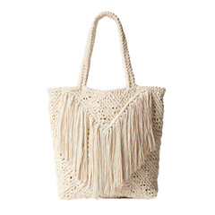 Cream crochet tote bag with fringe detail on transparent background