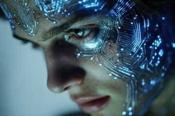 A person's face, adorned with intricate digital circuit patterns, glows with futuristic technology. The close-up view highlights the convergence of humanity and technology. 