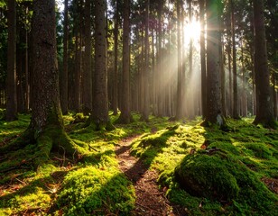 Obraz premium Sunlight streams through a vibrant forest, illuminating mossy ground