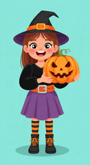 Illustration cute smiling girl in black witch costume holding jack o lantern on light blue background. Vertical template for Halloween celebration promotions and festive advertising and post card.