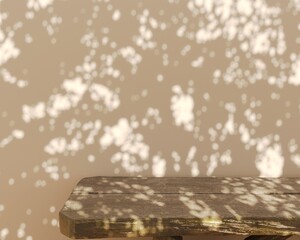 Rustic wooden table with abstract bokeh leaf shadow on wall in golden hour sunlight mockup background.