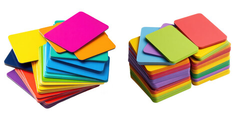 Two large stacks of vibrant rainbow-colored blank cards with rounded corners isolated on white