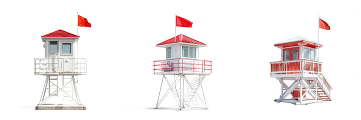 Three different styles of classic white and red lifeguard towers isolated on white background