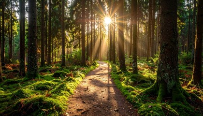 Sunlit forest path, surrounded by tall trees, mossy ground, and light