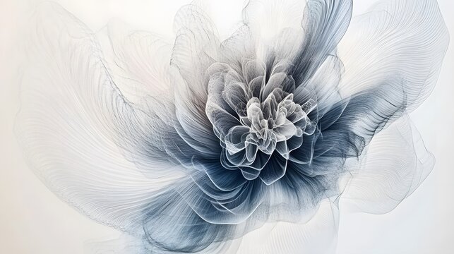 Abstract flower with fine lines in white and blue color scheme