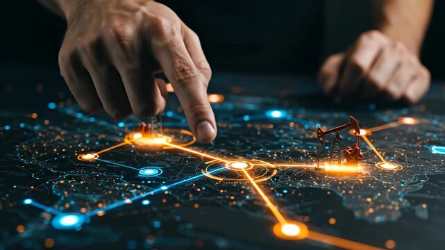 Global energy network planning with miniature oil rigs and interactive maps for oil and gas industry footage.