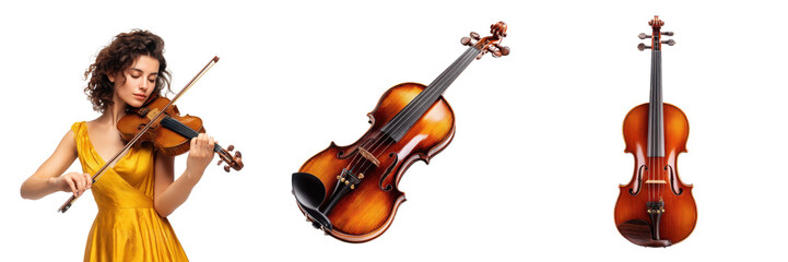 Female musician playing classical violin with detailed studio shots of the string instrument