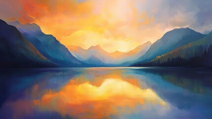 Stunning mountain lake vista at sunset, vibrant orange clouds paint the sky reflecting in calm water, evoking peace and natural beauty