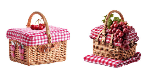Two isolated wicker picnic baskets filled with fresh fruit and checkered red and white cloth ready for outdoor dining