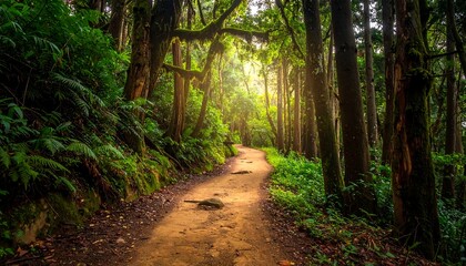 Obraz premium Sunlit path winding through lush, green forest with tall trees