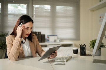 Woman, office and serious with tablet for research or email notification with employee contract as hr manager. Female person, business and confident on computer with planning, onboarding and deadline