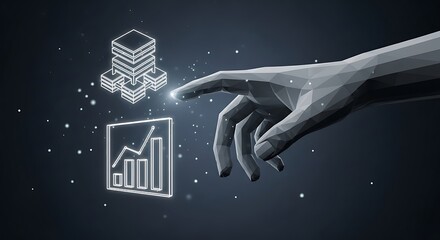 Hand touching digital data server and graph, representing data analysis