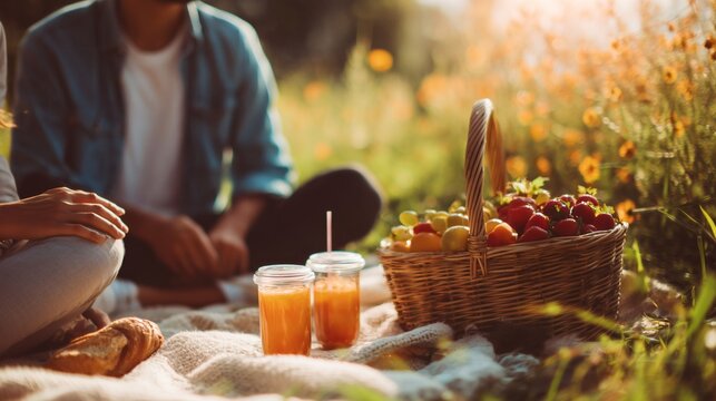 Close-up of picnic basket with strawberries, fruit and juice glasses on blanket, young people relaxing outdoors in park.